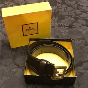 Genuine Fendi FF buckle leather & brass belt.
